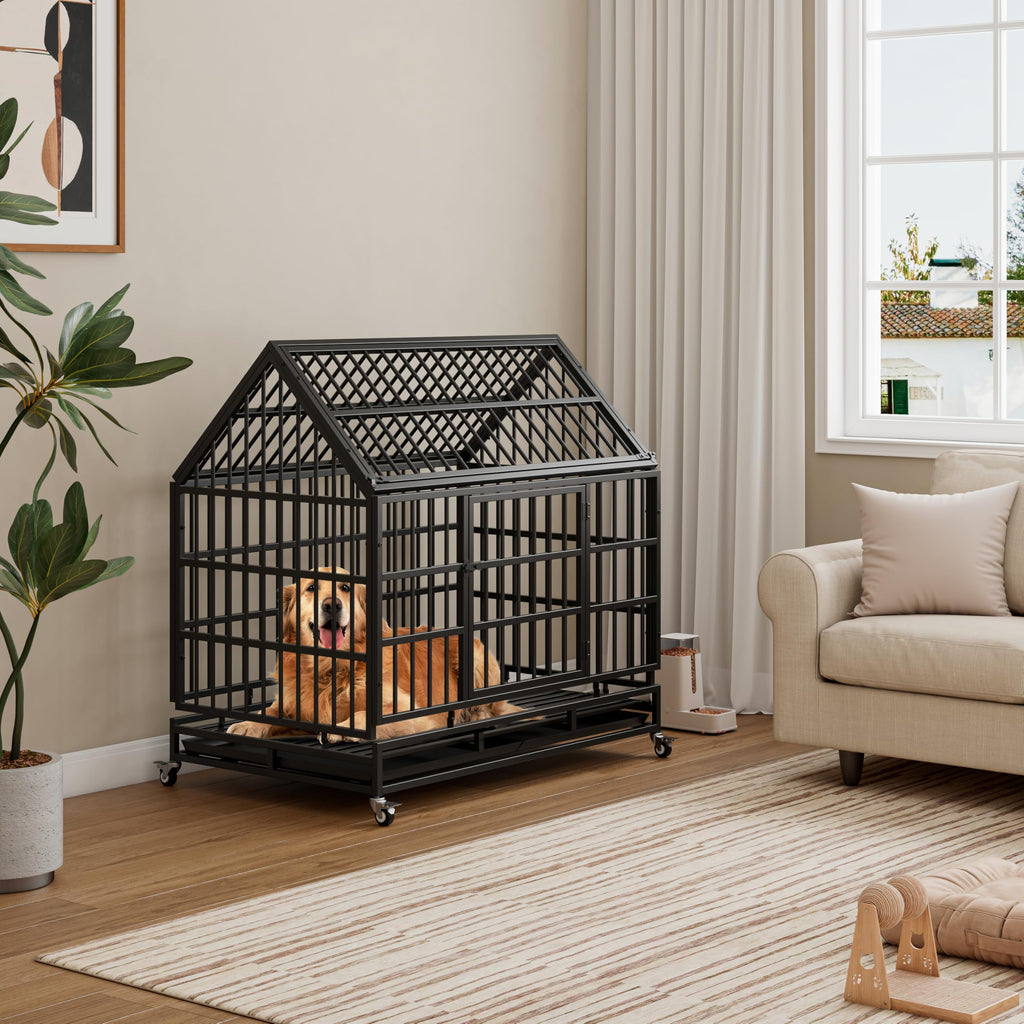 48 Inch Heavy Duty Collapsible Metal Dog Crate with Wheels T68788