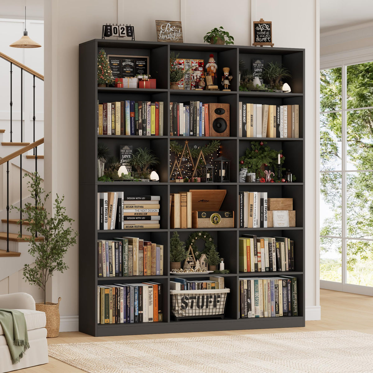 59" W Triple Wide Black Bookshelf and Bookcase N50264