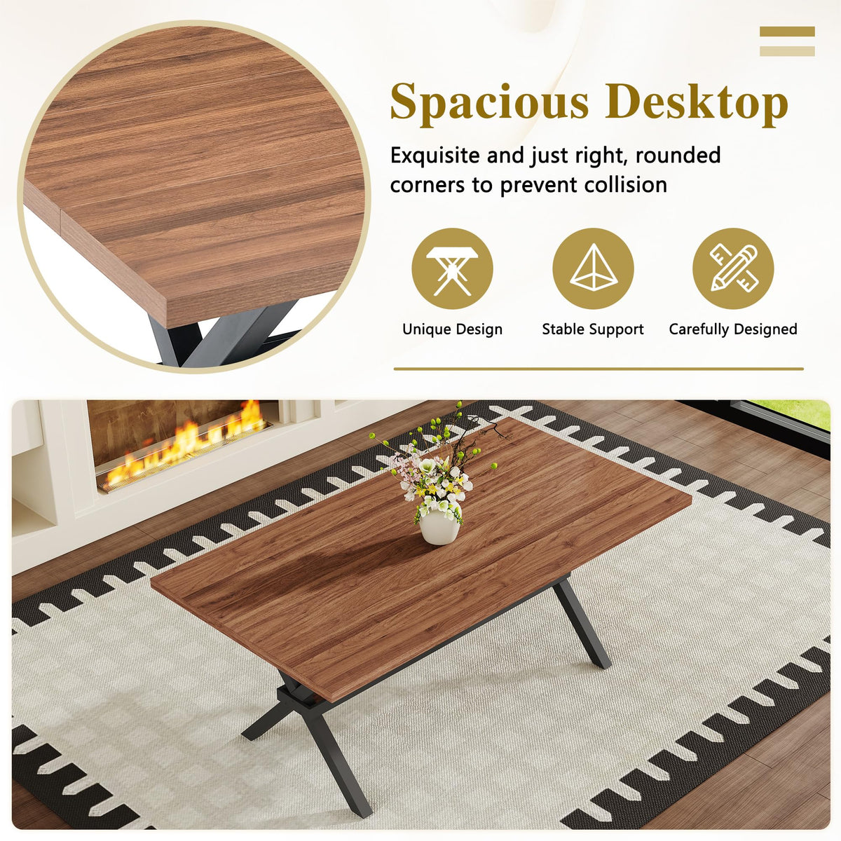 71-inch Dining Table with Chairs Set for 8, Walnut Wood Kitchen Table with Storage Shelf and Metal Legs, Brown PU Chairs A627
