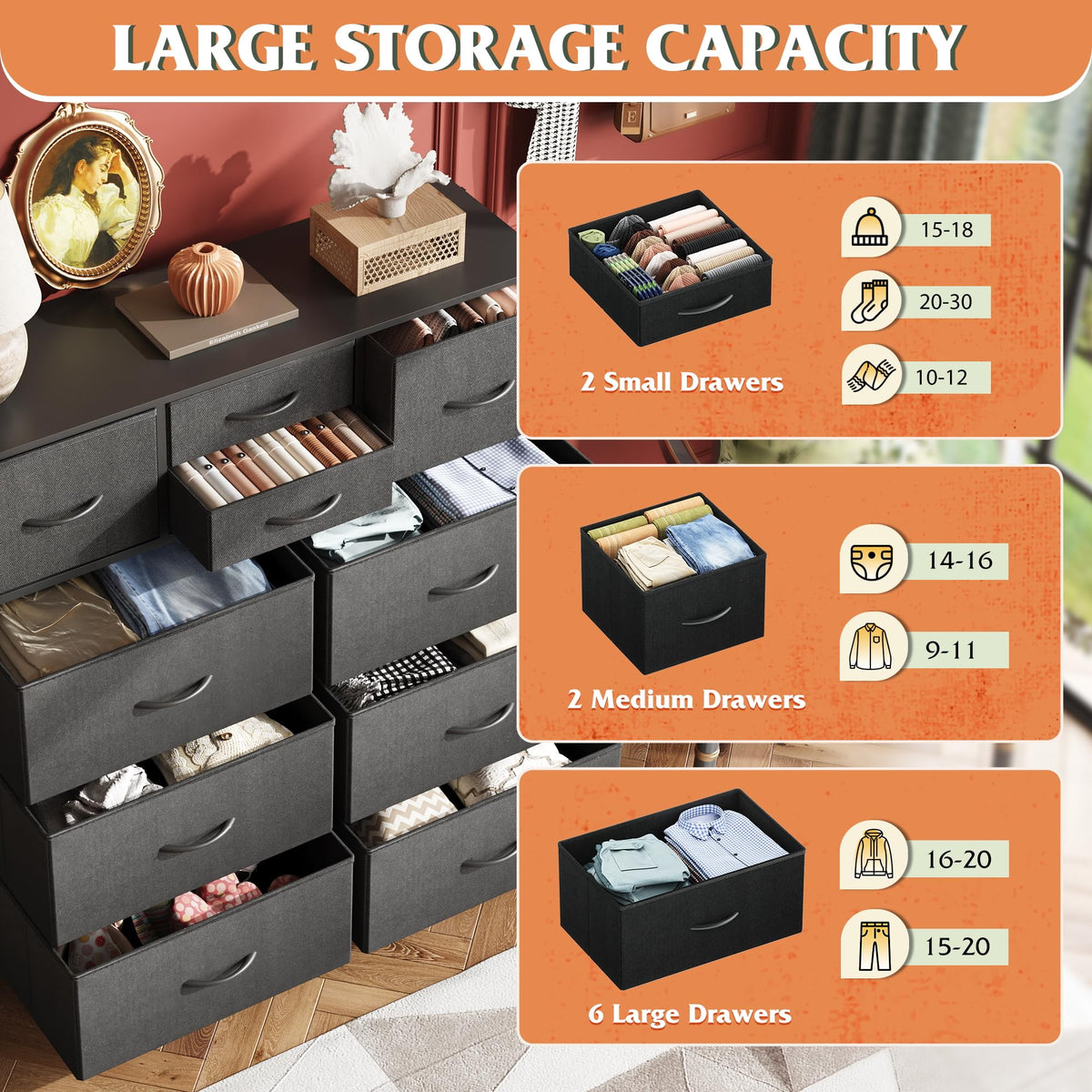 Black 10 Drawer Fabric Dresser W793752