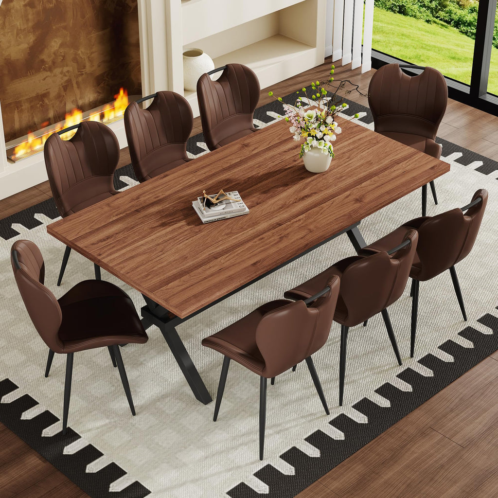 71-inch Dining Table with Chairs Set for 8, Walnut Wood Kitchen Table with Storage Shelf and Metal Legs, Brown PU Chairs A627