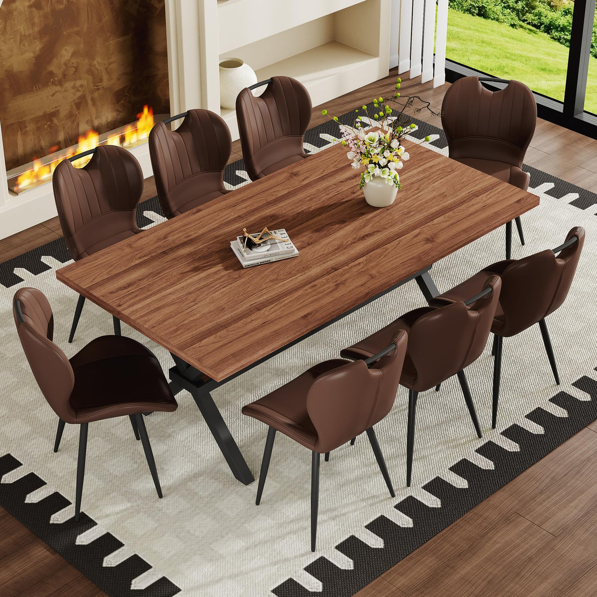 71-inch Dining Table with Chairs Set for 8, Walnut Wood Kitchen Table with Storage Shelf and Metal Legs, Brown PU Chairs A627