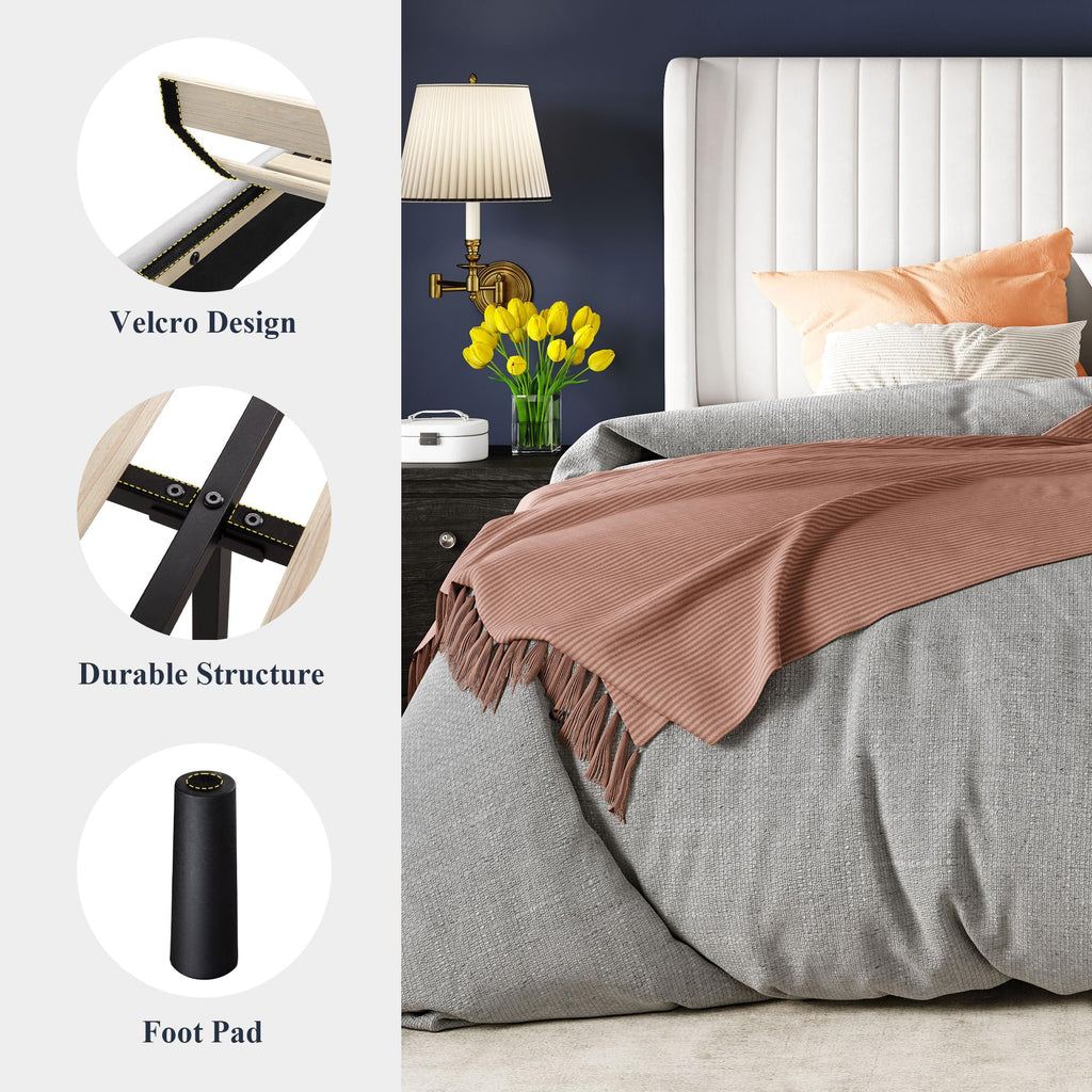 Queen Size White Velvet Upholstered Platform Bed D689732